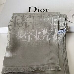 Authentic Dior Silver Silk Scarf with Logo Pattern